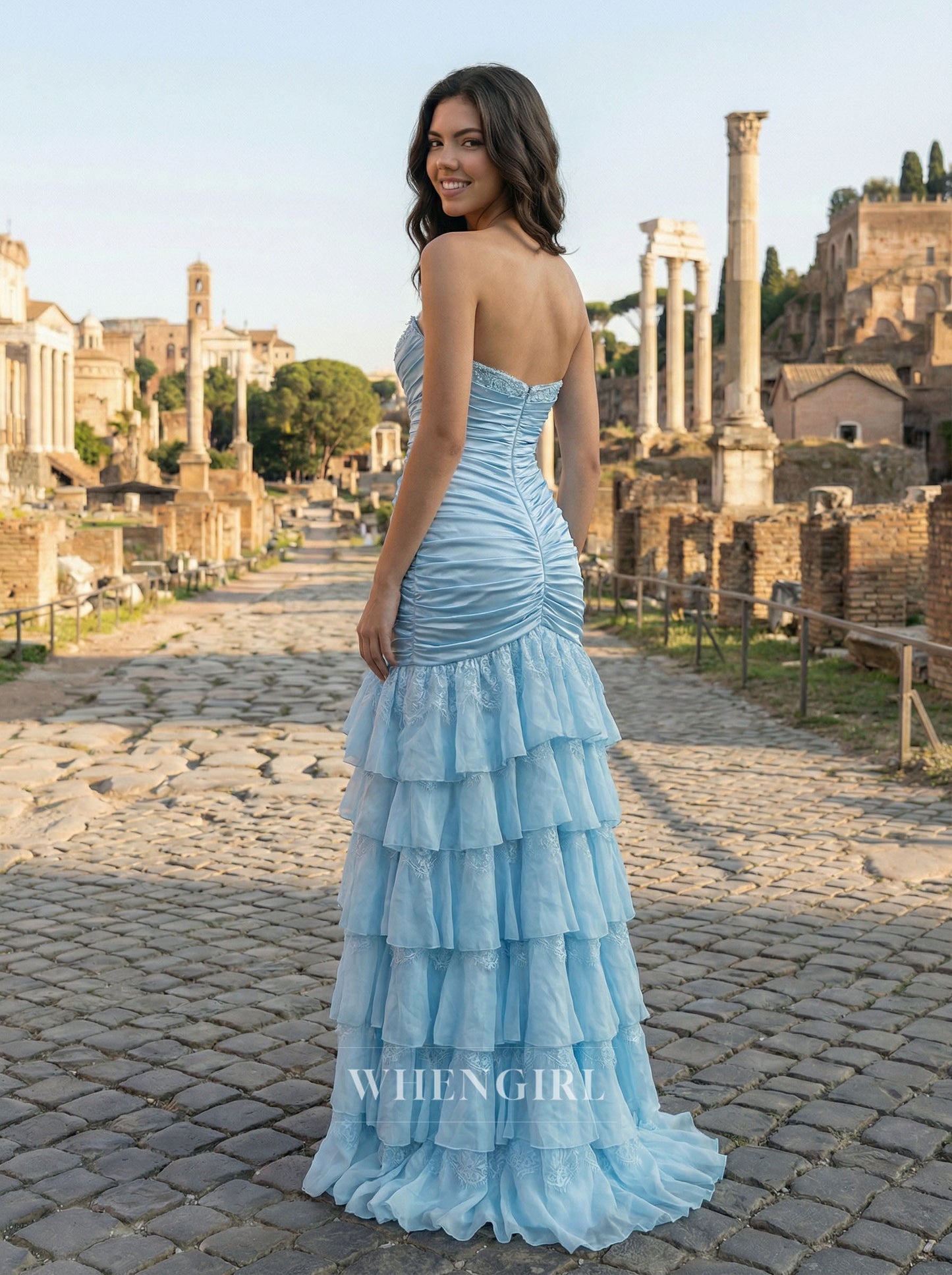 Blue Sweetheart Side Slit Ruffles Sheath Prom Dress