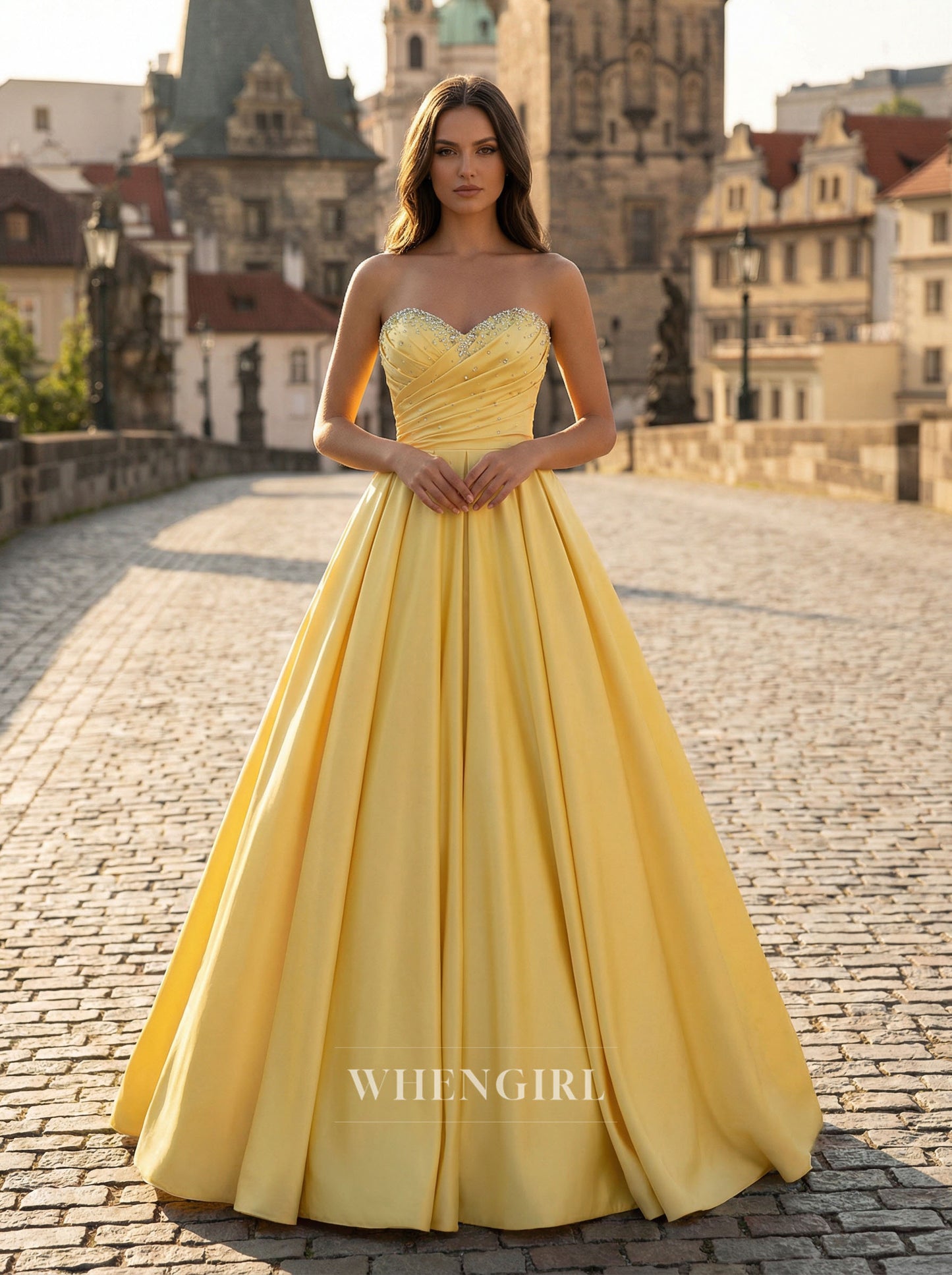 Yellow Sweetheart Beaded Sleeveless A-Line Floor Length Prom Dress
