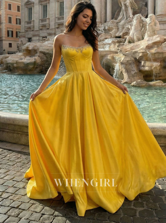Yellow Strapless Beaded Rhinestones A-Line Prom Dress