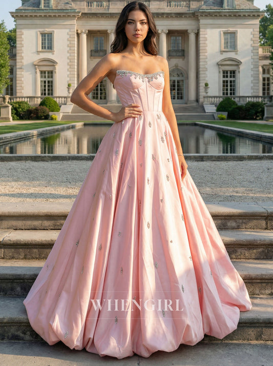 Pink Beaded Neckline A-Line Bubble Hem Prom Dress