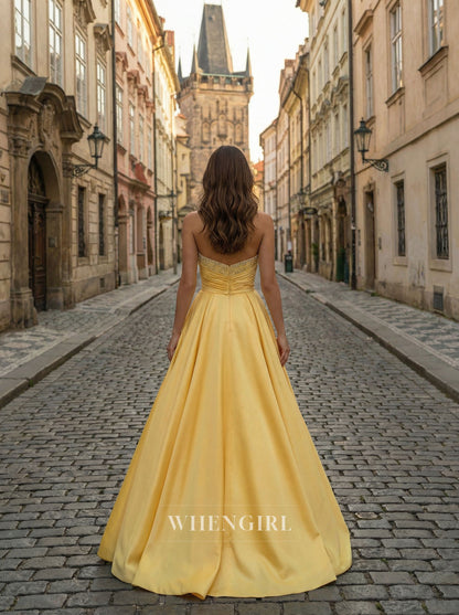 Yellow Sweetheart Beaded Sleeveless A-Line Floor Length Prom Dress