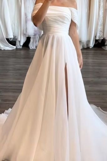 A-Line Off The Shoulder Organza Bridal Gown With Slit