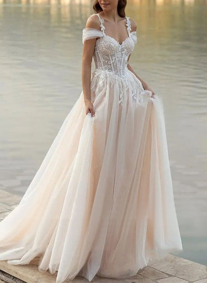 Elodika | A-Line Off-The-Shoulder Tulle Wedding Dresses With Appliques Lace