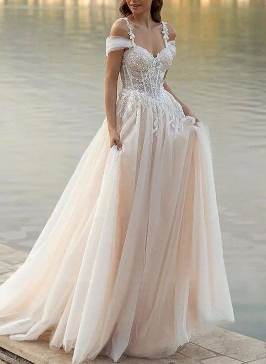 Elodika | A-Line Off-The-Shoulder Tulle Wedding Dresses With Appliques Lace