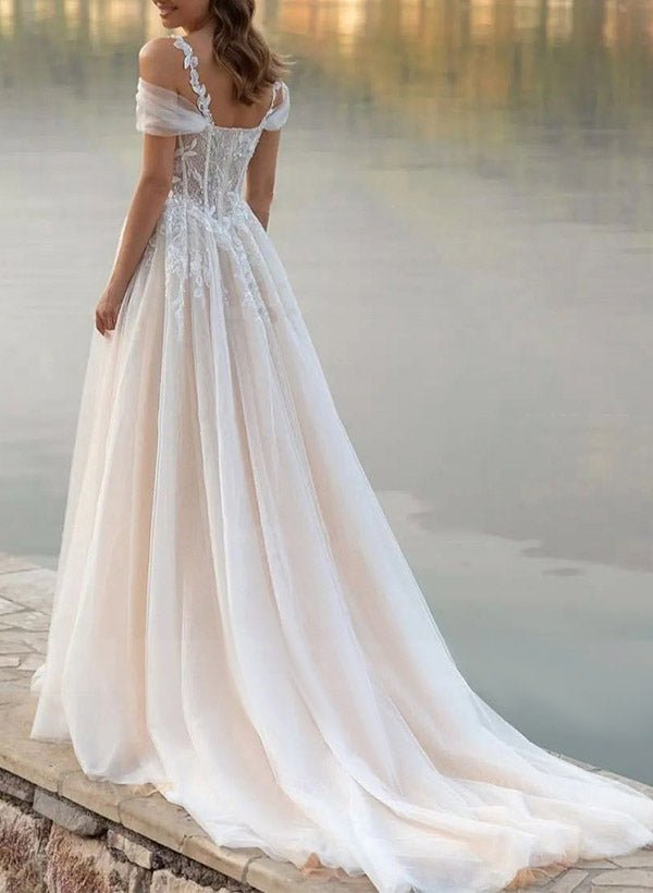Elodika | A-Line Off-The-Shoulder Tulle Wedding Dresses With Appliques Lace
