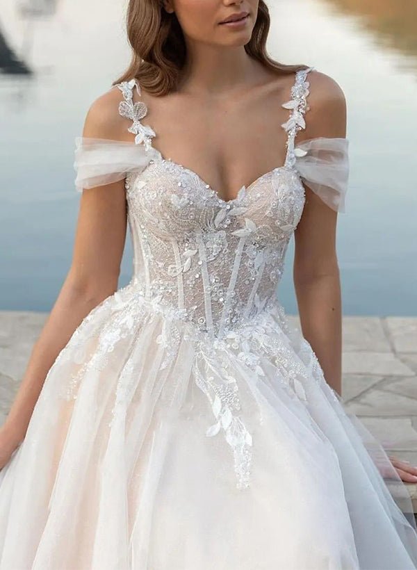 Elodika | A-Line Off-The-Shoulder Tulle Wedding Dresses With Appliques Lace