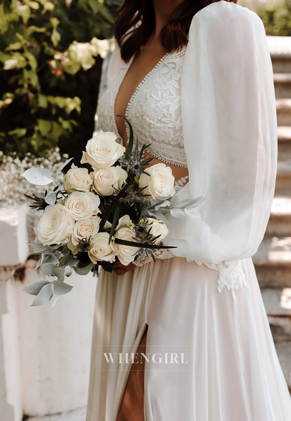 A-Line V Neck Appliqued Lace Long Sleeves Cut Out Side Slit Sweep Train Boho Beach Wedding Dress