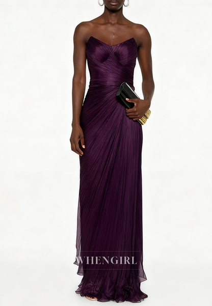 Scoop Neck Sleevelss Strapless Pleated Long Formal Evening Dress