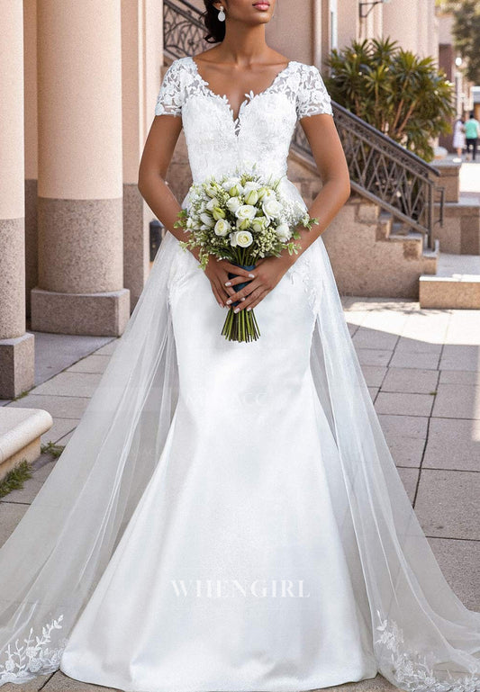 V Neck Short Sleeves Court Train Mermaid Wedding Dress with Appliques Lace