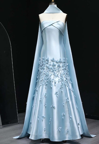 A-Line Strapless Pleated Beaded Strapless Sleeveless Floor Length Formal Dress with Cape