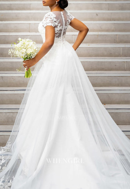 V Neck Short Sleeves Court Train Mermaid Wedding Dress with Appliques Lace