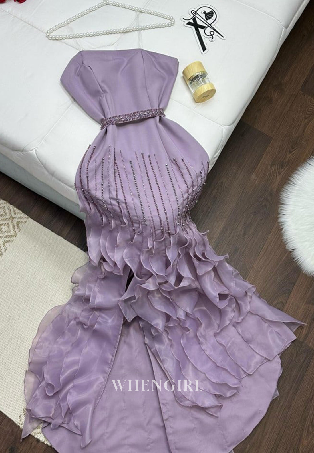 Lilac Asymmetrical Neck Beaded Sleeveless Ruffles Back Zipper Sheath Formal Evening Dress with Belt