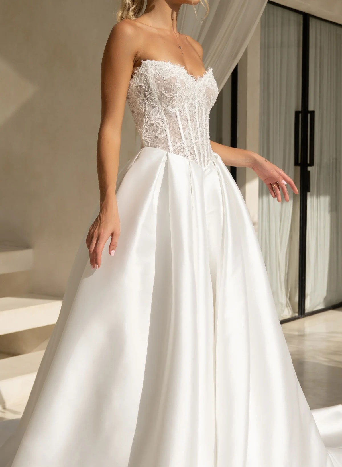 A-Line Strapless Sleeveless Chapel Train Matte Satin Wedding Dresses With Pockets