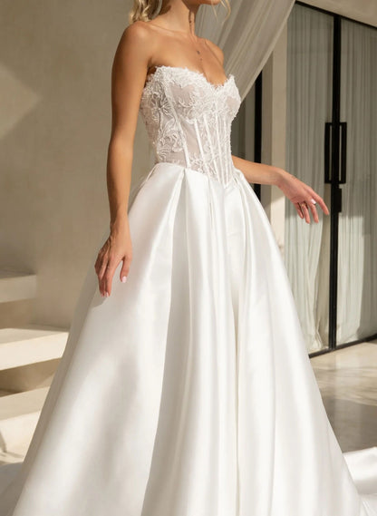 A-Line Strapless Sleeveless Chapel Train Matte Satin Wedding Dresses With Pockets