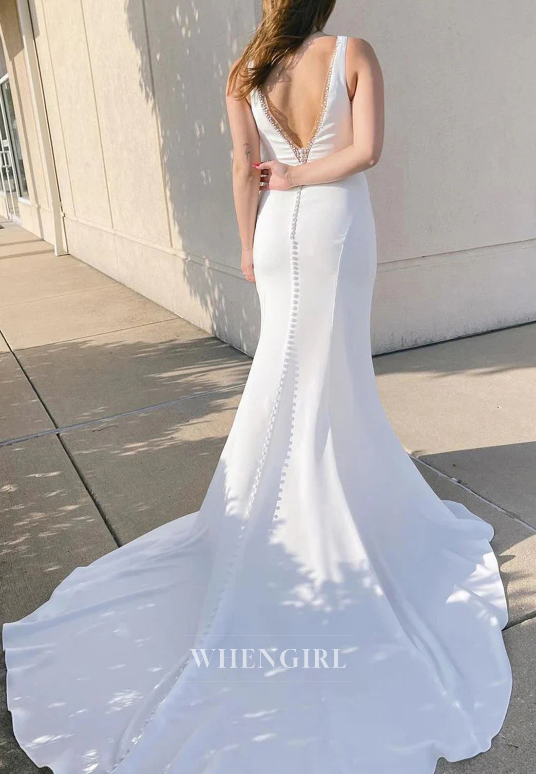 Mermaid V Neck Sleeveless Beaded Sweep Train Wedding Dress
