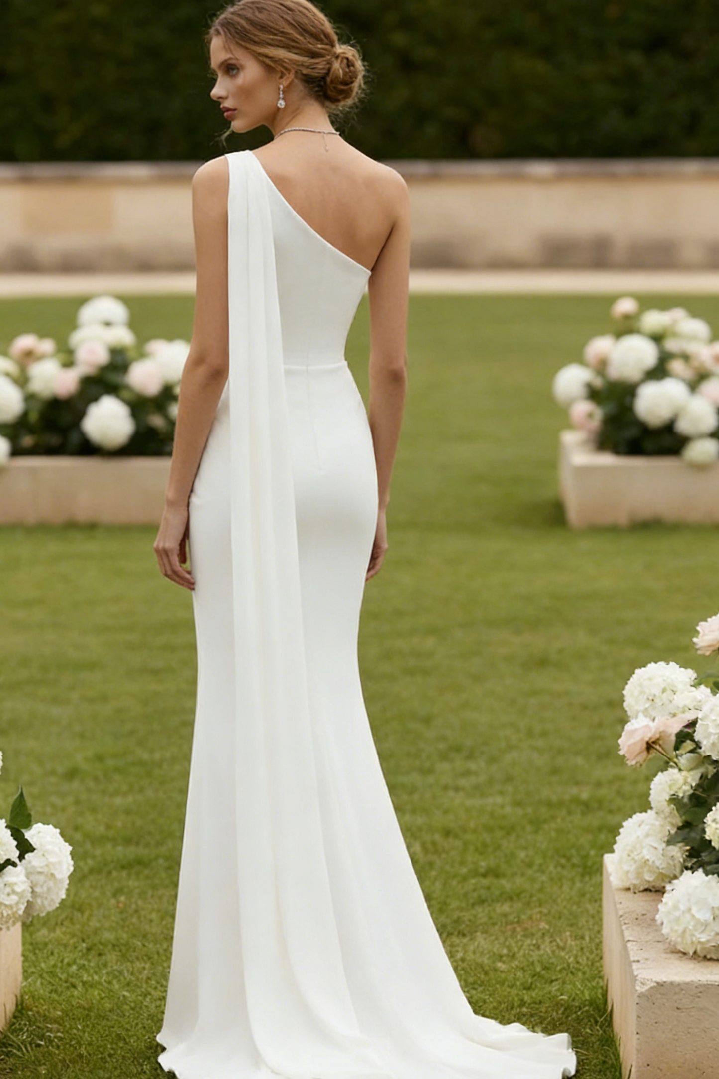 Simple One Shoulder Ruched Back Zipper Sheath Beach Wedding Dress