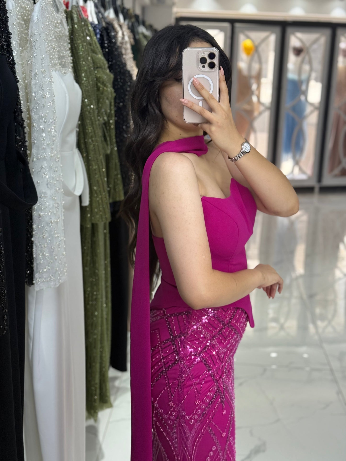 Fuchsia Asymmetrical Neck Sheath Sleeveless Evening Dress with Scarf