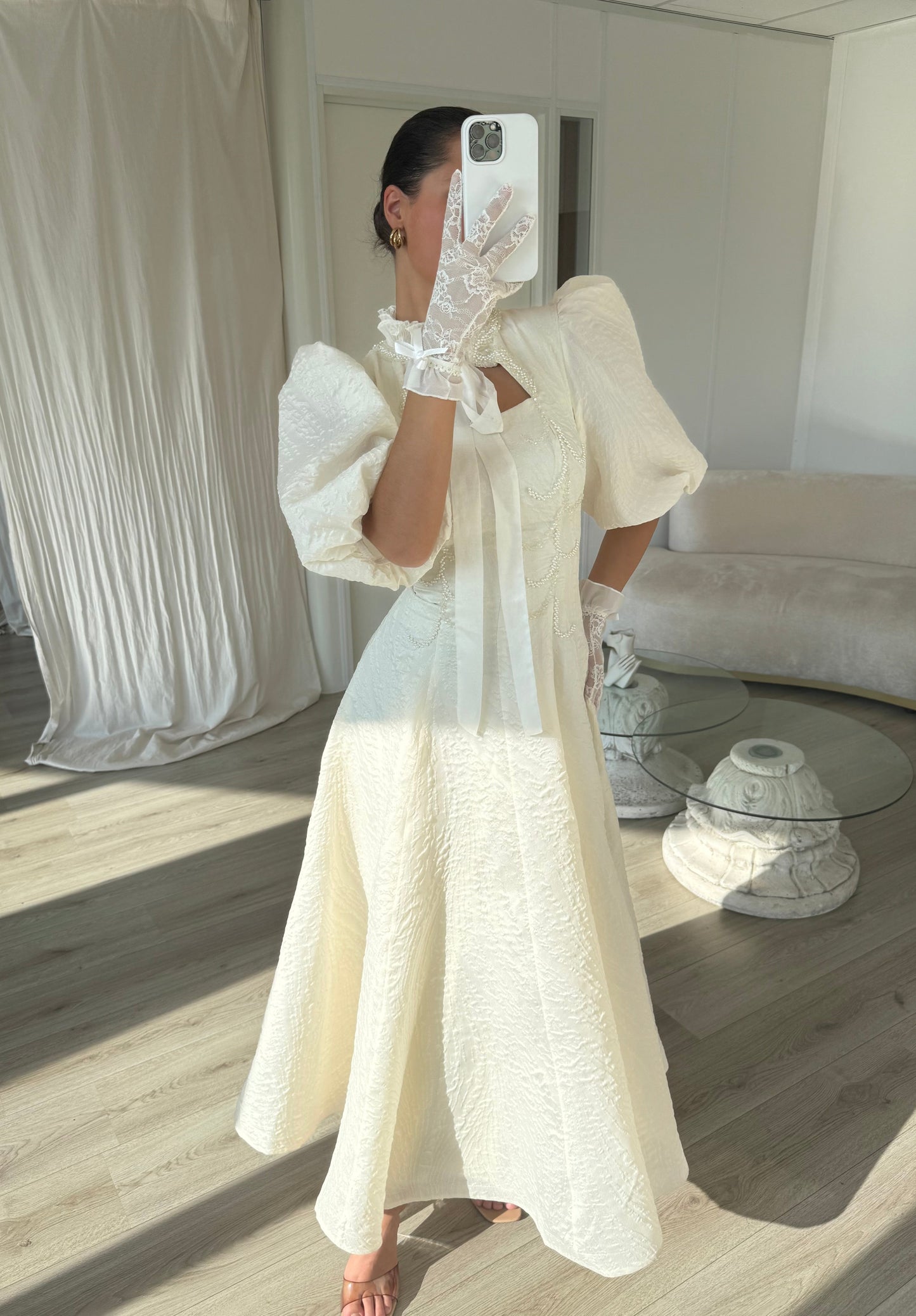 Vintage High Neck Puff Sleeves Short Wedding Dress with Gloves