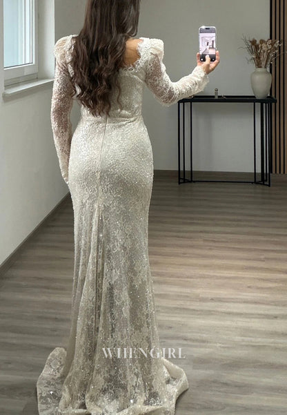 Mermaid Beaded Square Neck Long Sleeves Beaded Lace Evening Formal Dress