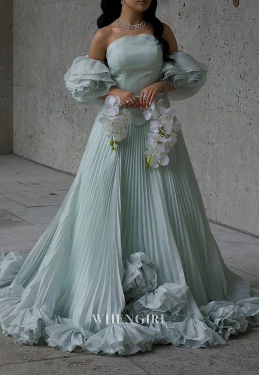 A-Line Tube Top 3D Flower Pleated Court Train Evening Formal Dress