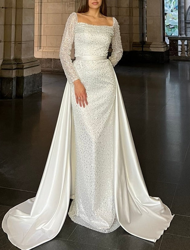 Column Square Neck Beaded Long Sleeves Ruched Wedding Dress with Train