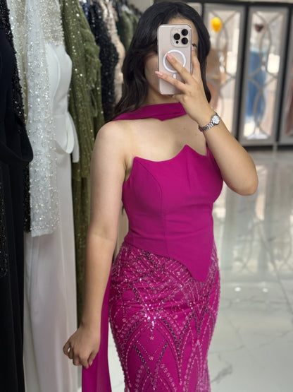 Fuchsia Asymmetrical Neck Sheath Sleeveless Evening Dress with Scarf