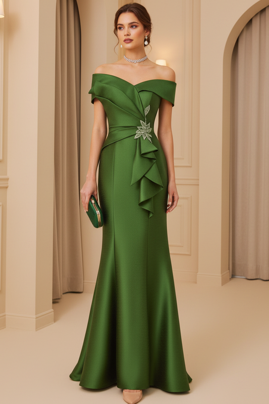 Emerald  Green Off Shoulder Beaded Mermaid Mother of the Bride Dress
