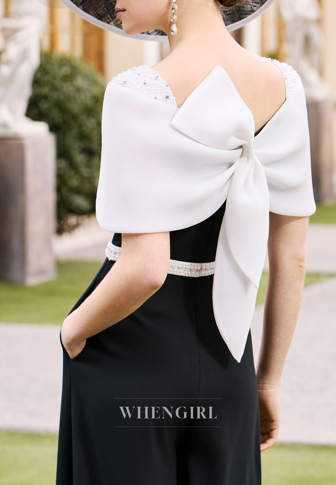 Black and White Square Neck Short Sleeves Jumpsuit Mother of the Bride Dress