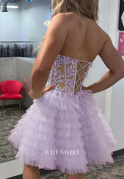 Sweetheart Strapless Appliqued Lace Tiered Tulle Lace Up A-Line Homecoming Dress