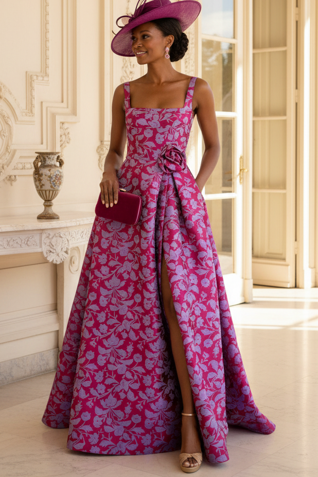 Fuchsia Square Neck Sleeveless Slit Floral Mother of the Bride Dress