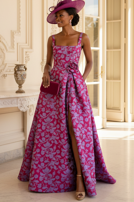 Fuchsia Square Neck Sleeveless Slit Floral Mother of the Bride Dress