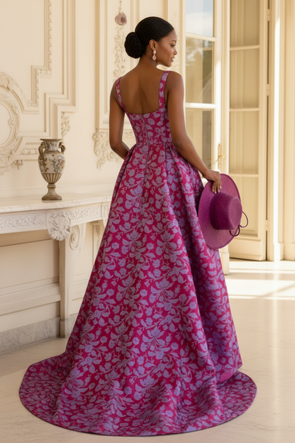 Fuchsia Square Neck Sleeveless Slit Floral Mother of the Bride Dress