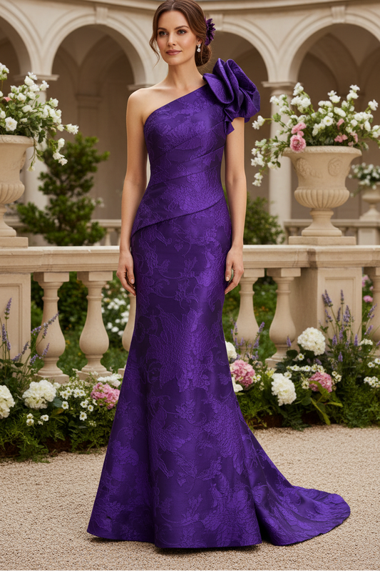 Purple One Shoulder 3D Flower Mermaid Formal Dress