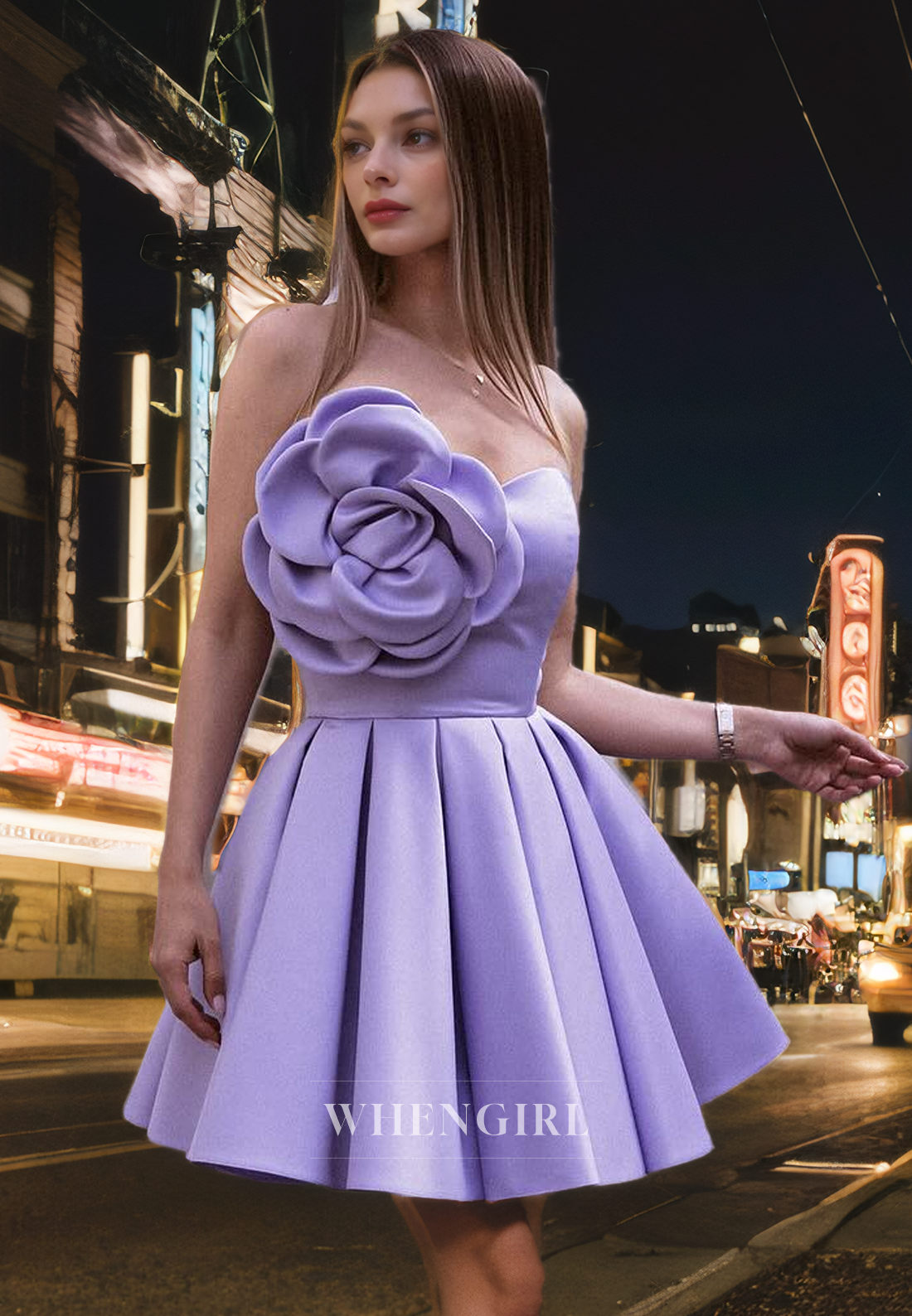 A-Line Strapless Sleeveless Satin Short Homecoming Dress with Flower