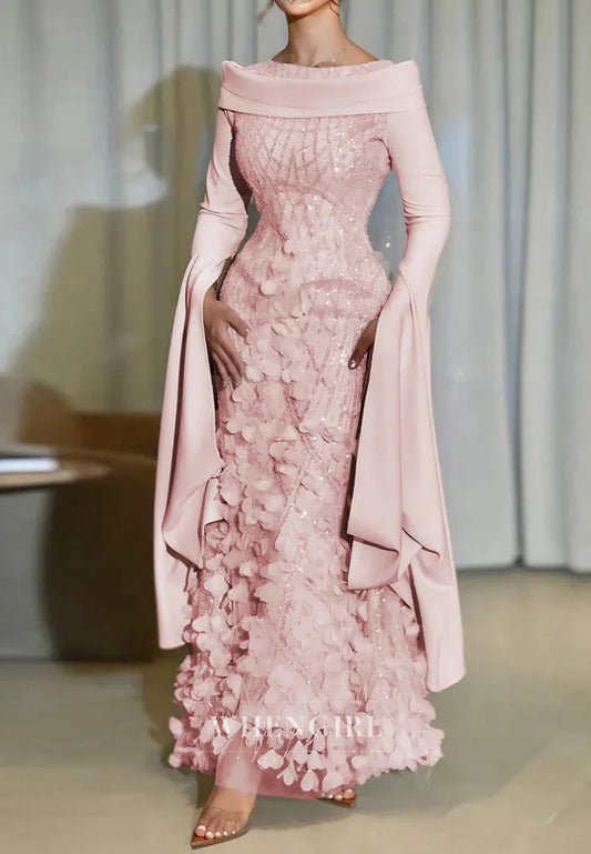 Column Bateau Neck Long Sleeves Floral Beaded Evening Formal Dress