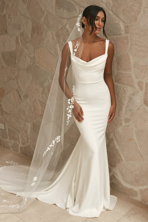 Mermaid Square Neck Straps Ruched Open Back Satin Wedding Dress