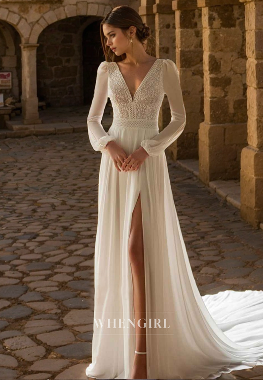 Elegant A-Line V Neck Long Sleeves Lace Chiffon Wedding Dress