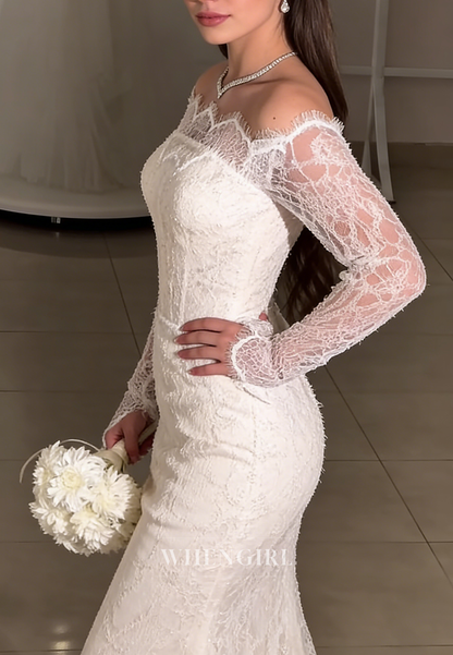 Trumpet Long Sleeves Lace Back Zipper Sweep Train Wedding Dress