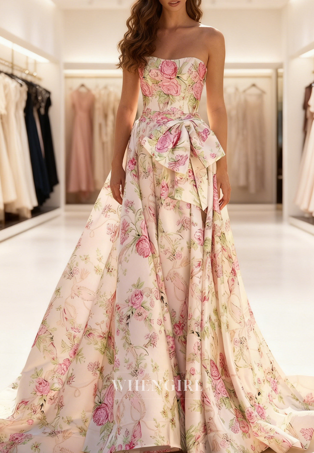 A-Line Tube Top Bowknot Sleeveless Floral Back Zipper Prom Dress