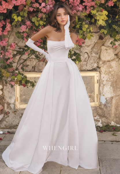 A-Line Strapless Sleeveless Satin Wedding Dress with Train