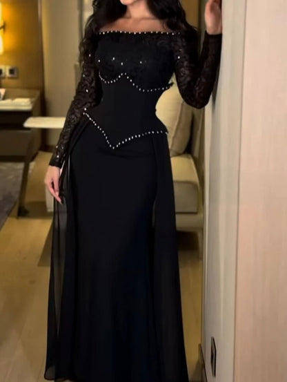 Green Sheath Corset Long Lace Sleeves Off Shoulder Evening Dress