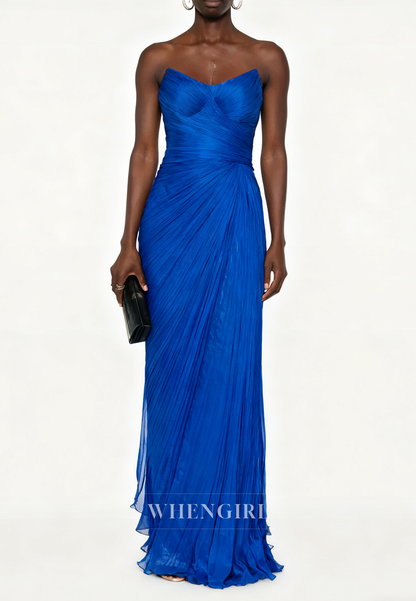 Scoop Neck Sleevelss Strapless Pleated Long Formal Evening Dress