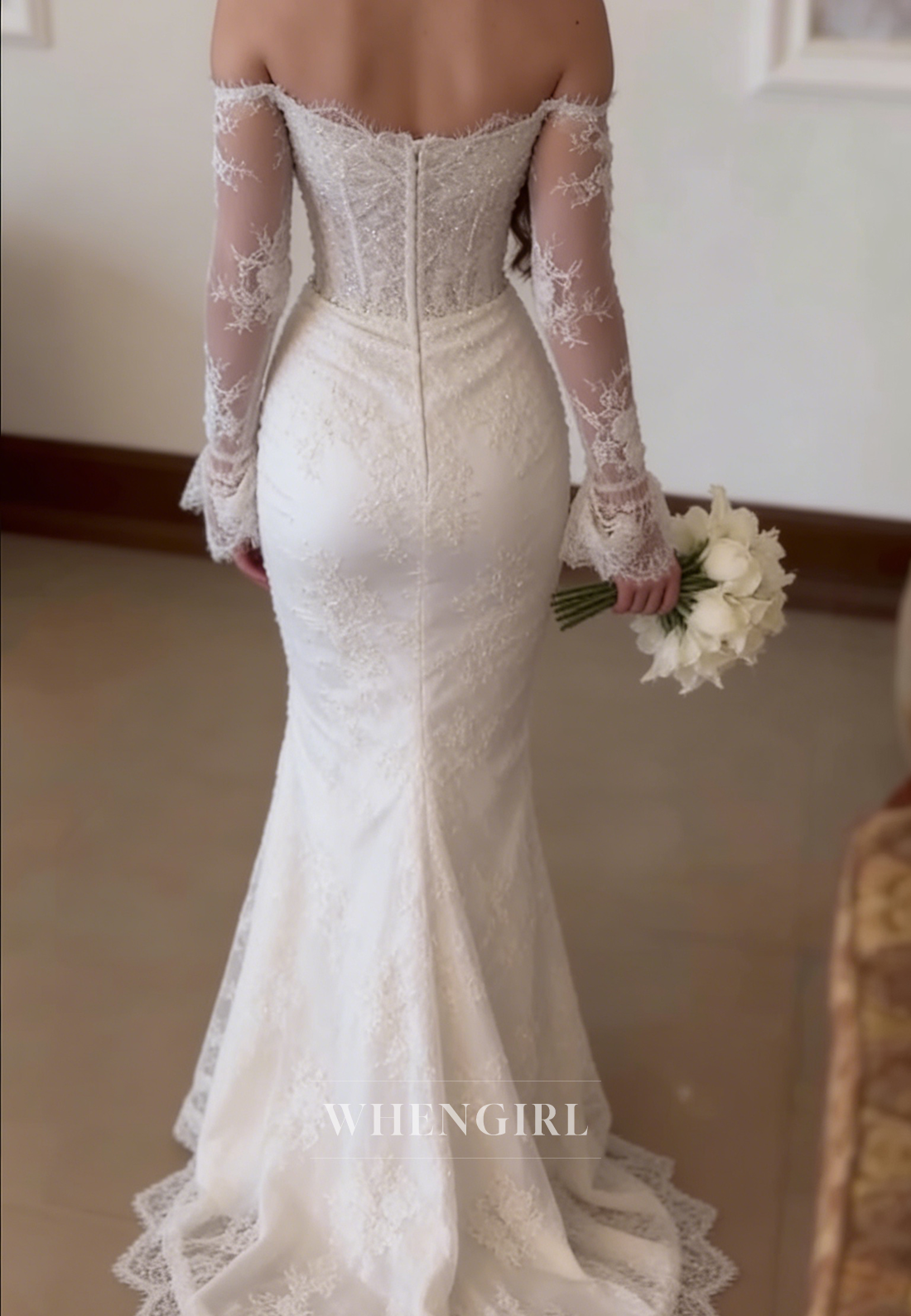 Mermaid Beaded Off Shoulder Long Sleeves Lace Wedding Dress