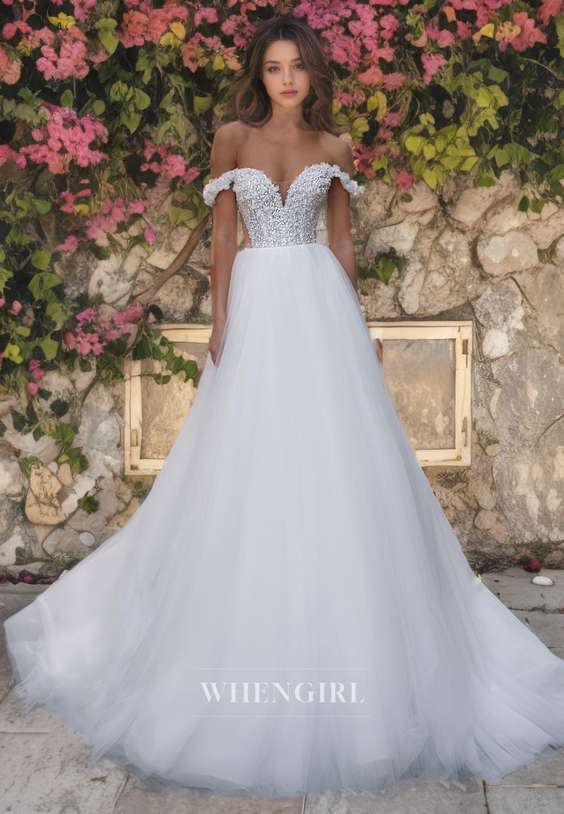 A-Line Off Shoulder Sleeveless Beaded Lace Appliques Tulle Wedding Dress