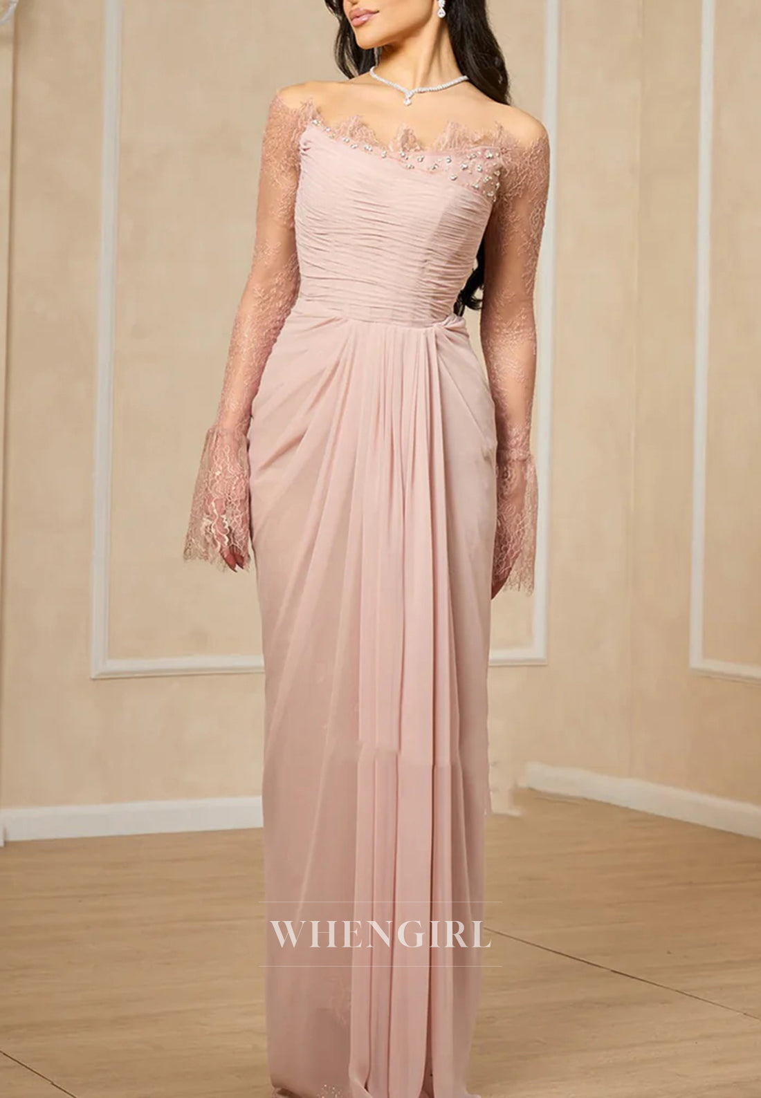 Blush Sheath Off Shoulder Long Sleeves Pleated Back Zipper Formal Evening Gown