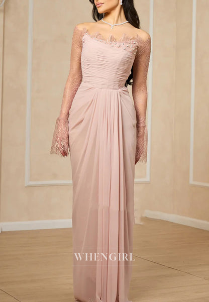 Blush Sheath Off Shoulder Long Sleeves Pleated Back Zipper Formal Evening Gown