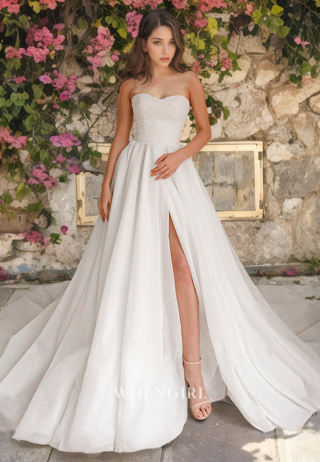 A-Line Strapless Sleeveless Pleated Satin Wedding Dress with High Side Slit and Train