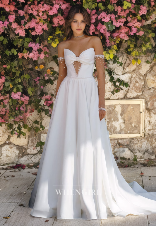 A-Line Strapless Sleeveless Beaded Pleated Long Satin Wedding Dress with Train