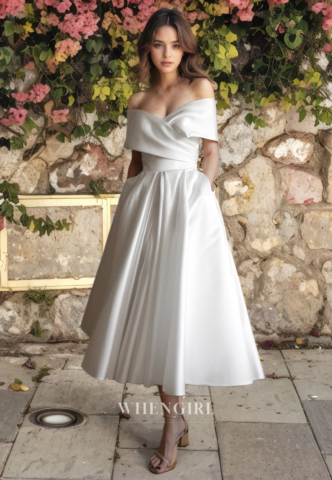 A-Line Off Shoulder Sleeveles Pleated Tea Length Satin Wedding Dress