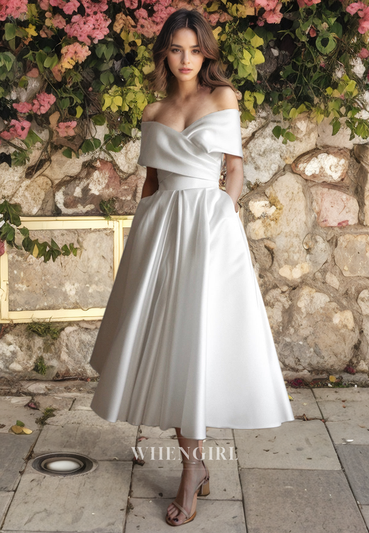 A-Line Off Shoulder Sleeveles Pleated Tea Length Satin Wedding Dress